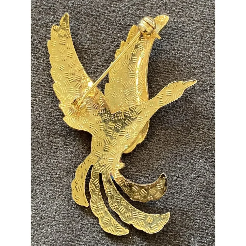 Vintage Enamel Peacock Brooch Bird in Flight Gold Tone 2.5 inch Colorful Pin